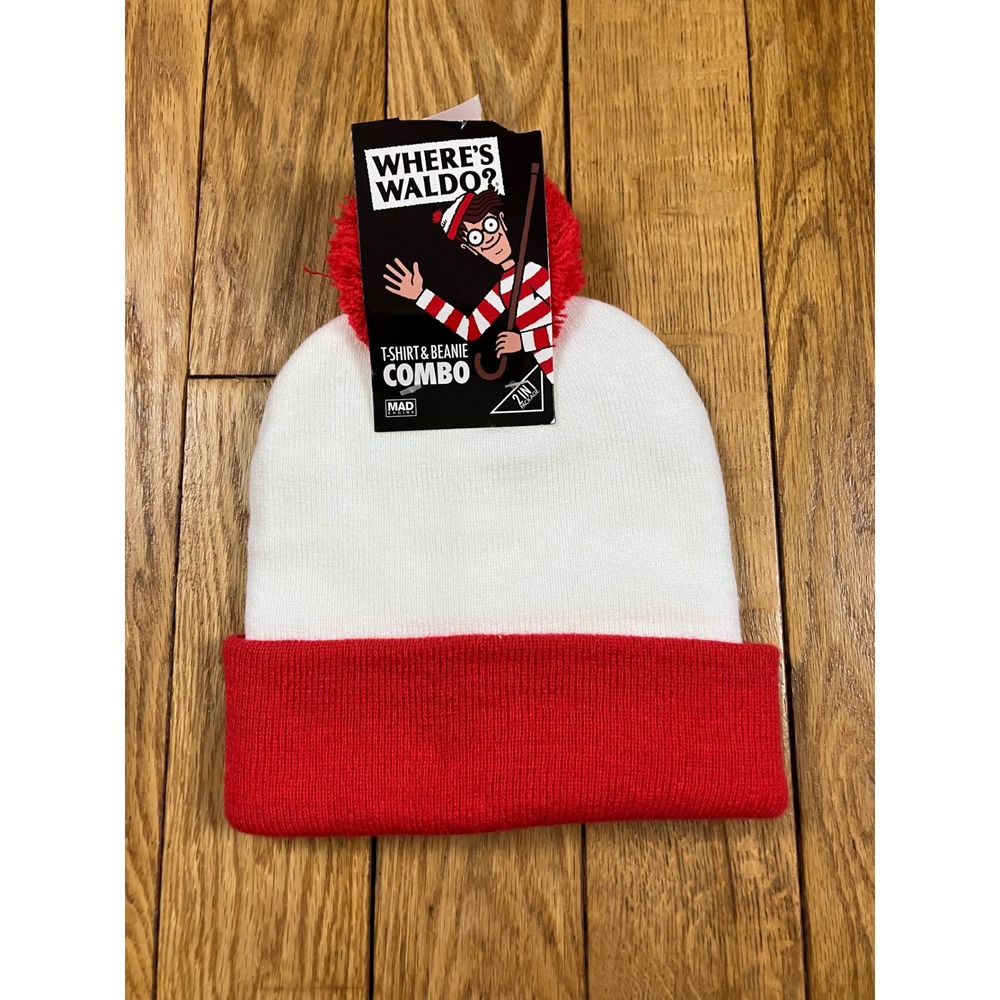 NEW Where's‎ Waldo Beanie Set Red White Pom Pom OS